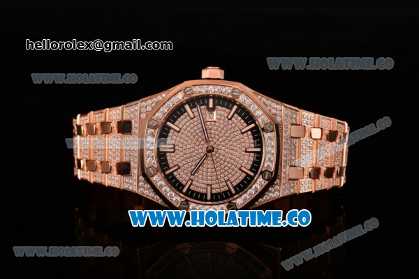 Audemars Piguet Royal Oak 41MM Asia 2813 Automatic Rose Gold/Diamonds Case with Stick Markers Black Inner Bezel and Diamonds Dial (EF) - Click Image to Close